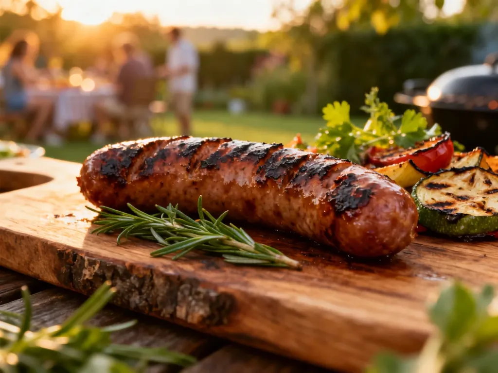 Apetyczna kiełbasa z grilla z przypieczoną skórką, podana z warzywami na drewnianej desce w letnim ogrodzie.